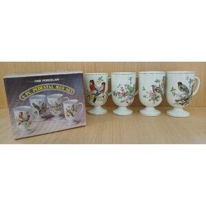 NEW Set of 4 Vintage Spring Birds Fine Porcelain Pedestal Mugs 16 oz Japan Made